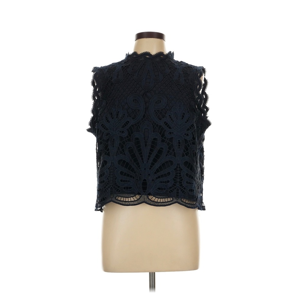 NVLT Lace Sleeveless Blouse Large Navy Blue Excellent Lace Mock Neck Crop Top